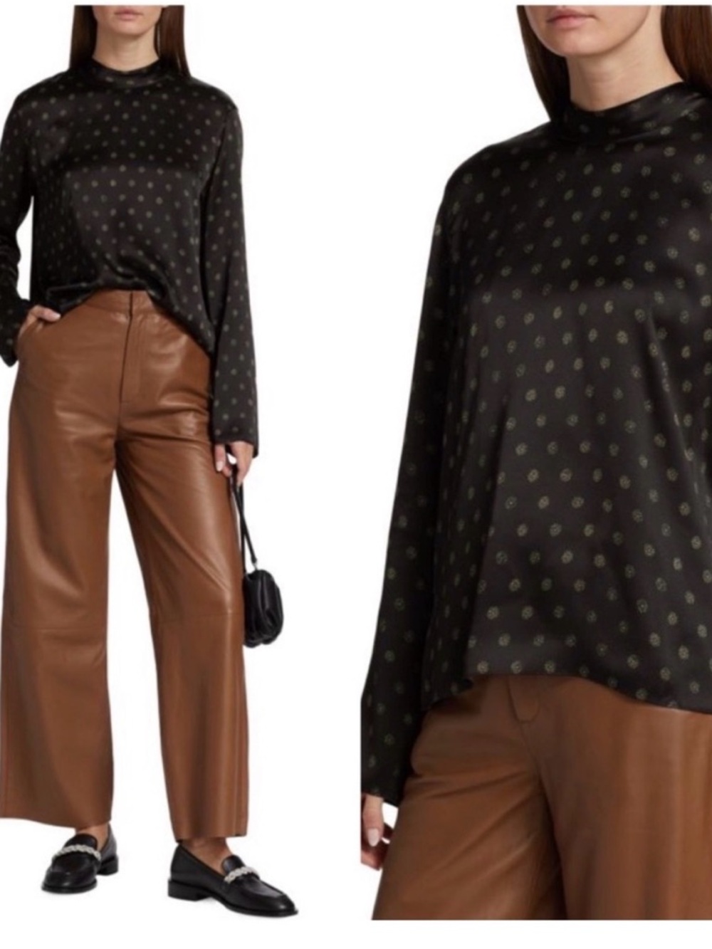 Vince Black Satin Polka Dot Mock-Neck Blouse